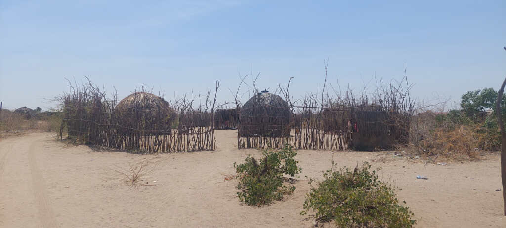 Homes in Turkana County, Kenya with a domed roof and raised from the sandy ground on stilts.