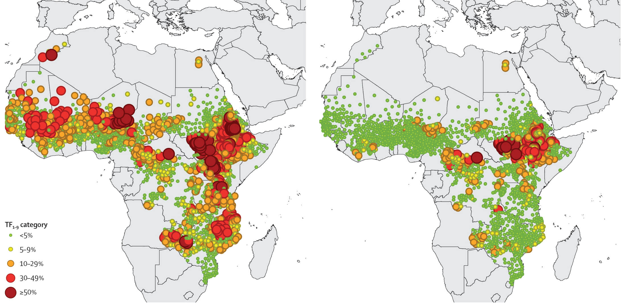 Maps showing the reduction in cases of Trachoma in Africa over the last 10 years thanks to CBM-supported programs.