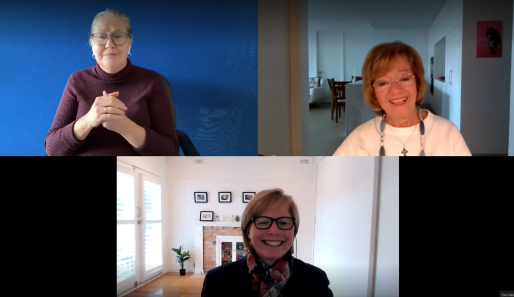 Glenys Sigley, CEO Jane Edge and an Auslan interpreter doing a Zoom online CBM supporter event