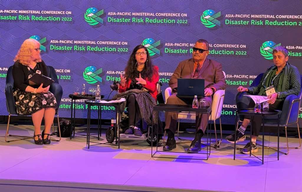 A panel at the Asia Pacific Ministerial Conference on Disaster Risk Reduction, made up of Abia Akram (CEO of the National Forum of Women with Disabilities - Pakistan), Seta Macanawai (CEO of the Pacific Disability Forum) and Bhargavi Davar (Executive Director at Transforming Communities for Inclusion - India), discuss disability-inclusive disaster risk reduction