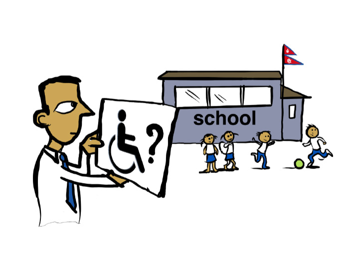 An illustration of a person watching children play next to a school building. In his hands, he holds a piece of paper with an icon of a person in a wheelchair and a question mark next to it.