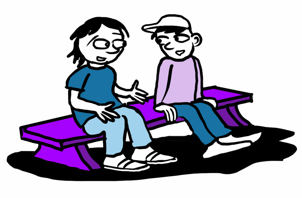 An illustration showing two people sitting together on a bench having a conversation.