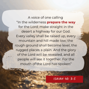 An image of a sunset over a rugged path. The top right reads "Prepare the way, Advent 2025' and the centre a bible verse is written: "A voice of one calling 'In the wilderness prepare the way for the Lord; make straight in the desert a highway for our God. Every valley shall be raised up, every mountain and hill made low; the rough ground shall become level, the rugged places a plain. And the glory of the Lord will be revealed, and all people will see it together. For the mouth of the Lord has spoken' - Isaiah 40: 3-5.". The cbm logo is in the top right hand corner.